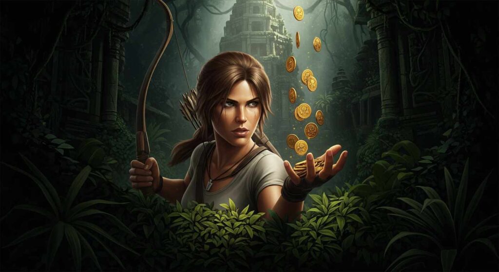 Lara Croft in Shadow of the Tomb Raider, holding a bow and valuable gold coins in a jungle, highlighting pro tips for stealth and the merchant economy.