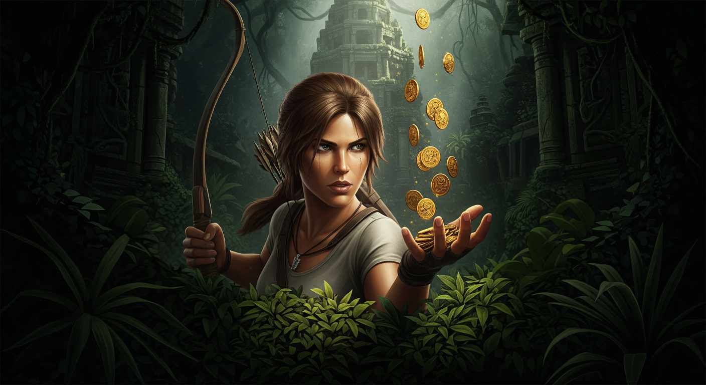 Lara Croft in Shadow of the Tomb Raider, holding a bow and valuable gold coins in a jungle, highlighting pro tips for stealth and the merchant economy.