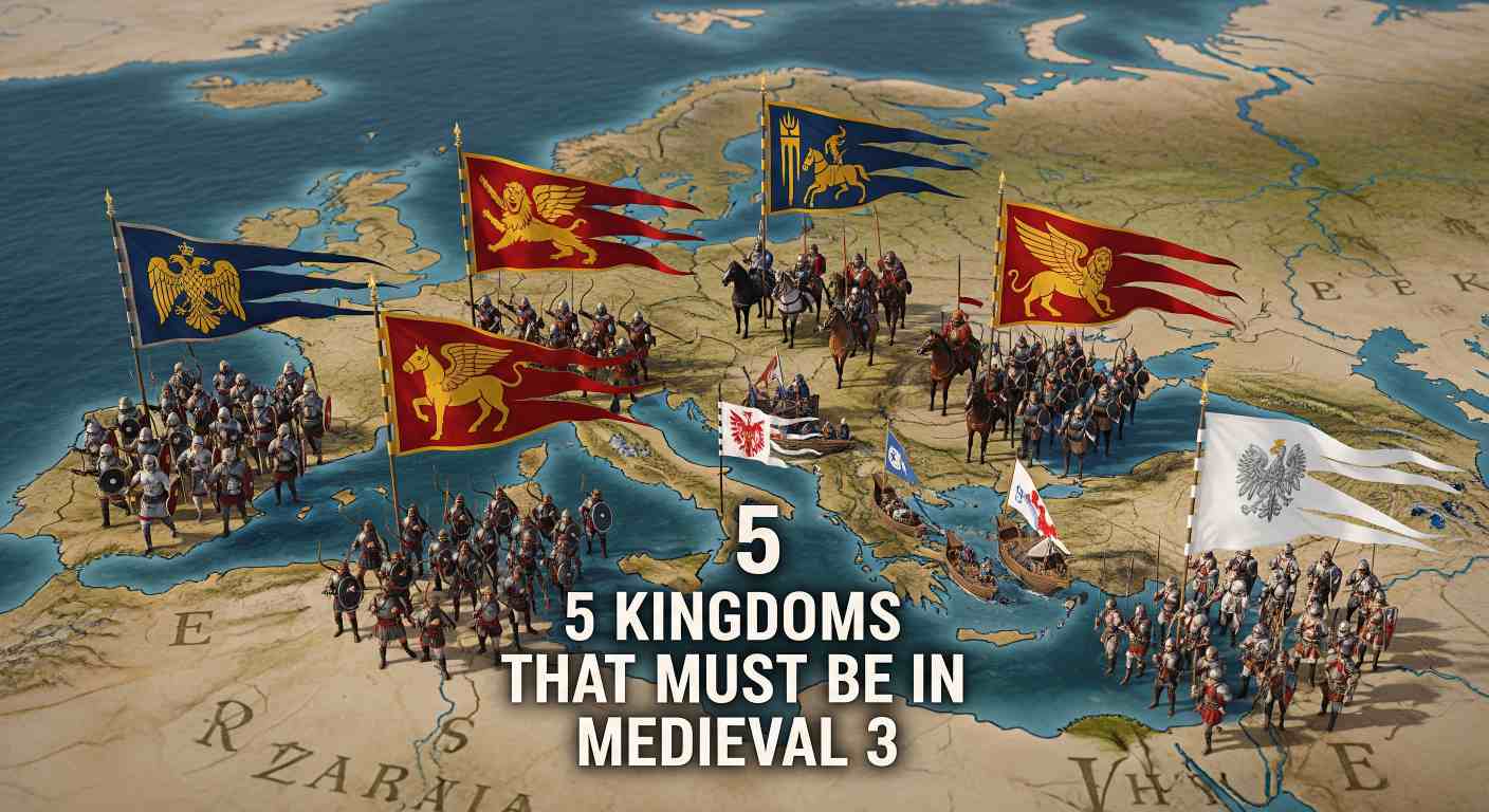 A cinematic top-down view of an aged parchment map of medieval Europe and the Near East. Five glowing heraldic banners are planted on the map, each dissolving into a live scene of their faction's army: Byzantine cataphracts, English longbowmen, Mongol horse archers, Venetian galleys, and Polish winged hussars. Text reads: 5 Kingdoms That Must Be in Medieval 3.