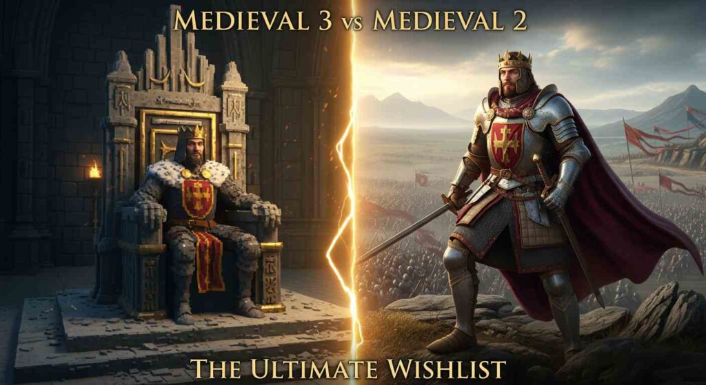 A split-image comparing Total War Medieval 2 and Medieval 3. The left side shows a pixelated, low-poly king on a stone throne. The right side shows the same king as a hyper-realistic, armored figure overlooking a vast next-generation battlefield. Text reads: Medieval 3 vs Medieval 2 - The Ultimate Wishlist.